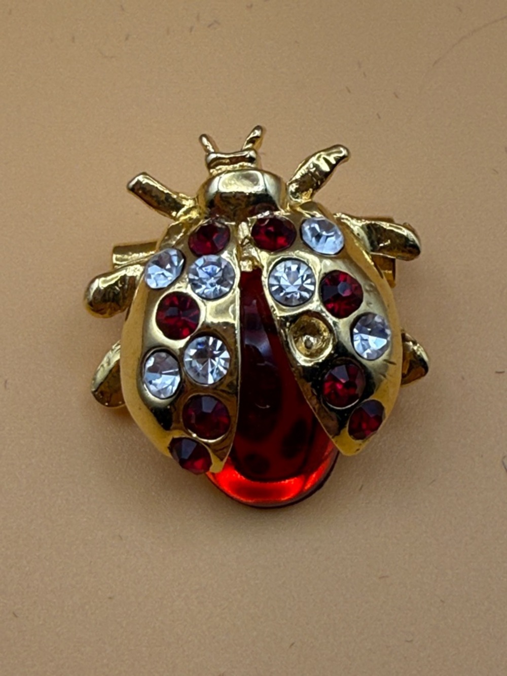 Gold Tone Ladybug Brooch with Red and Clear Stones